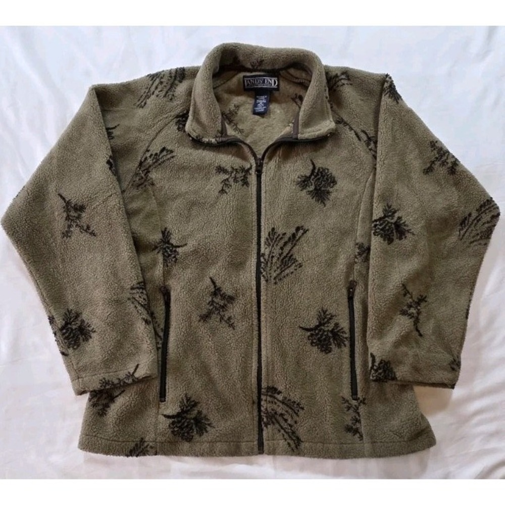 Vintage Land's End Women's Brown All Over Print Full Zip Sweater Size M 10-12